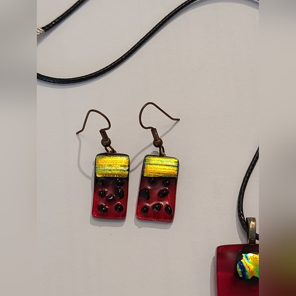 VINTAGE 2 PCS SET FUSED GLASS LAMPWORK PENDANT NECKLACE & EARRINGS - Picture 3 of 16